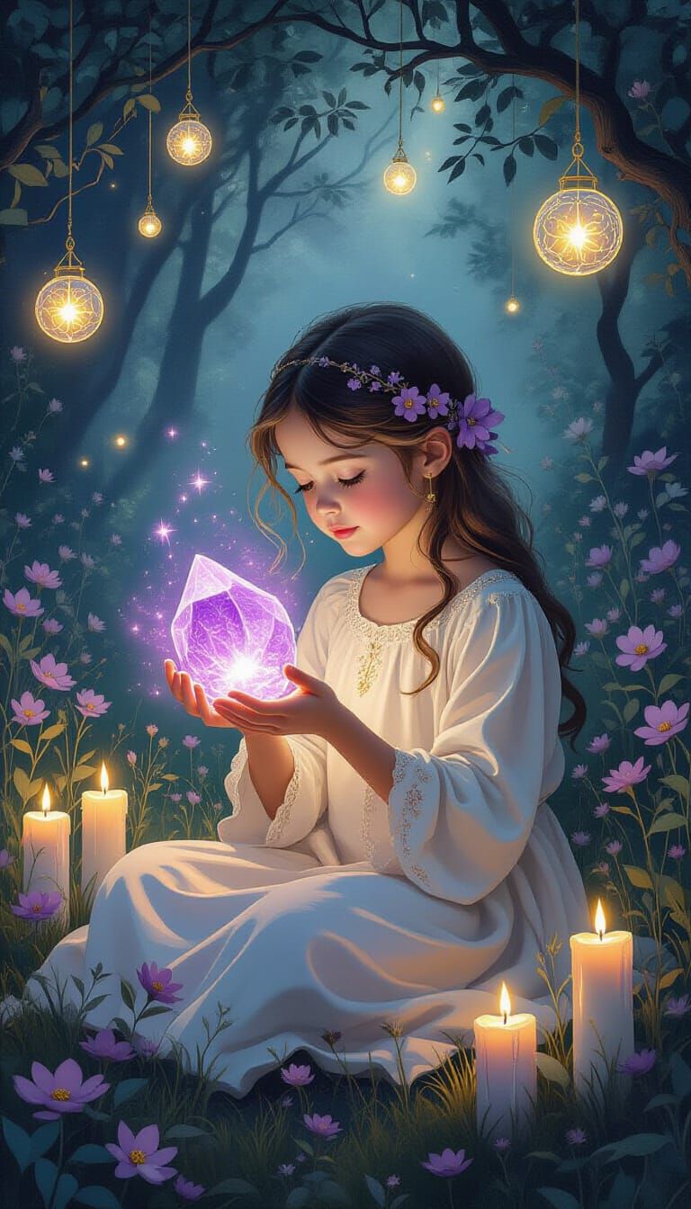 Mystical Girl Holds Radiant Crystal in Enchanted Glade