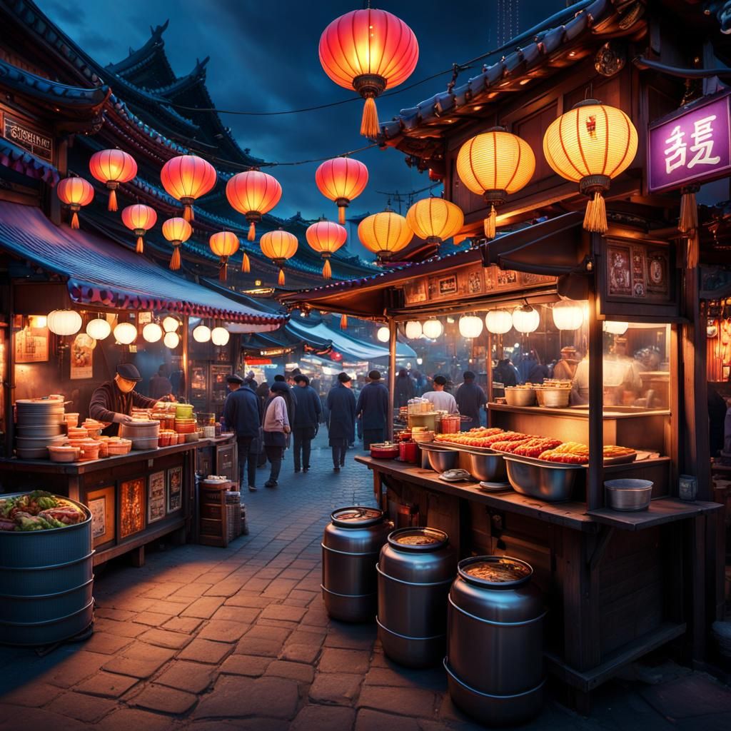 Steampunk Seoul Market at Dusk: Korean Street Food