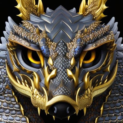 Fierce highly detailed dragon, detailed shiny scales, glowing fire eyes, metallic intricate shiny armoured, meticulously...