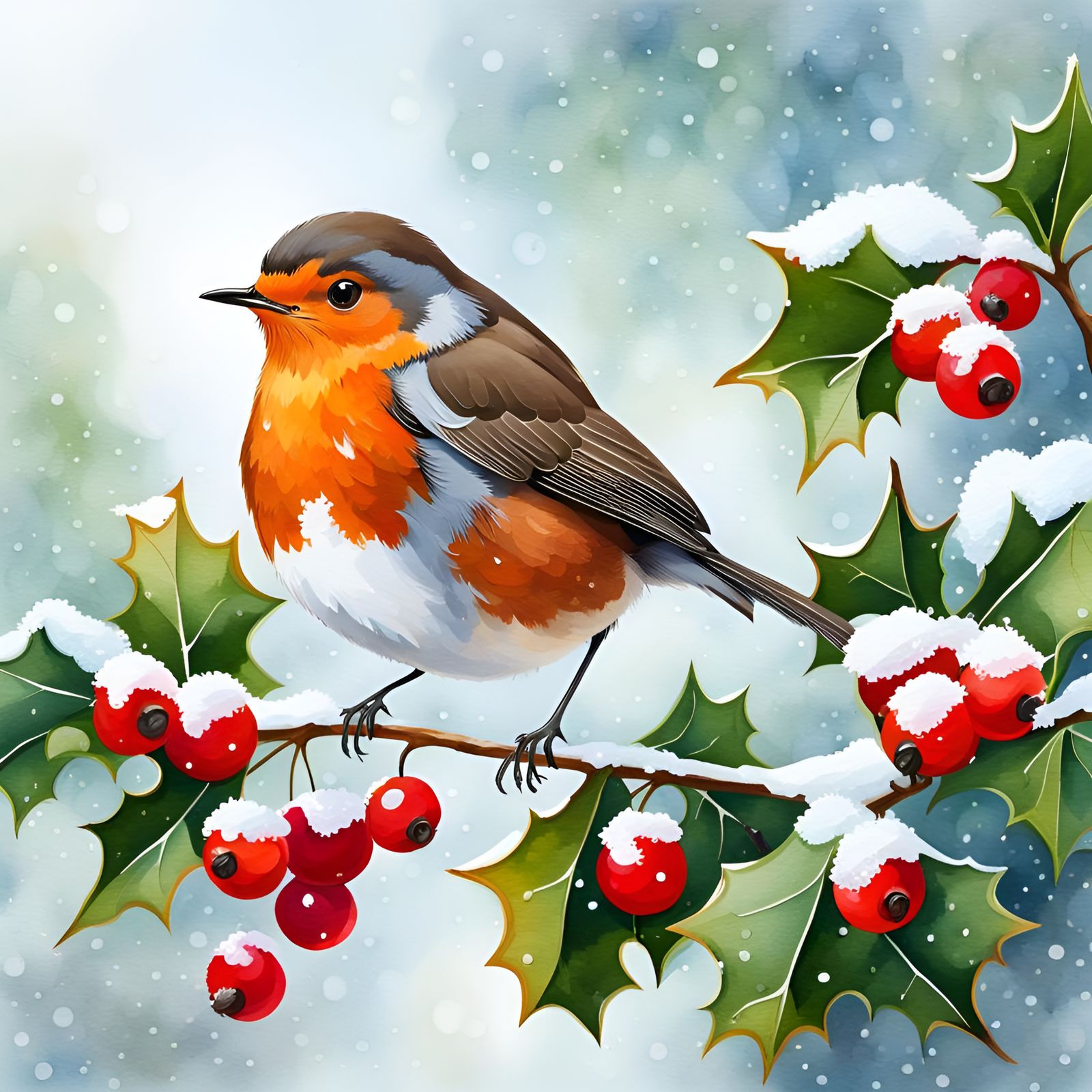 Robin on Holly Branch in Winter Watercolor