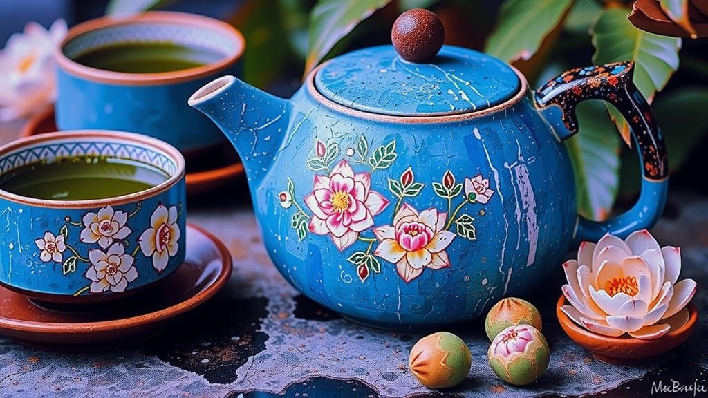 East Asian Tea Set: Impasto Oil Painting