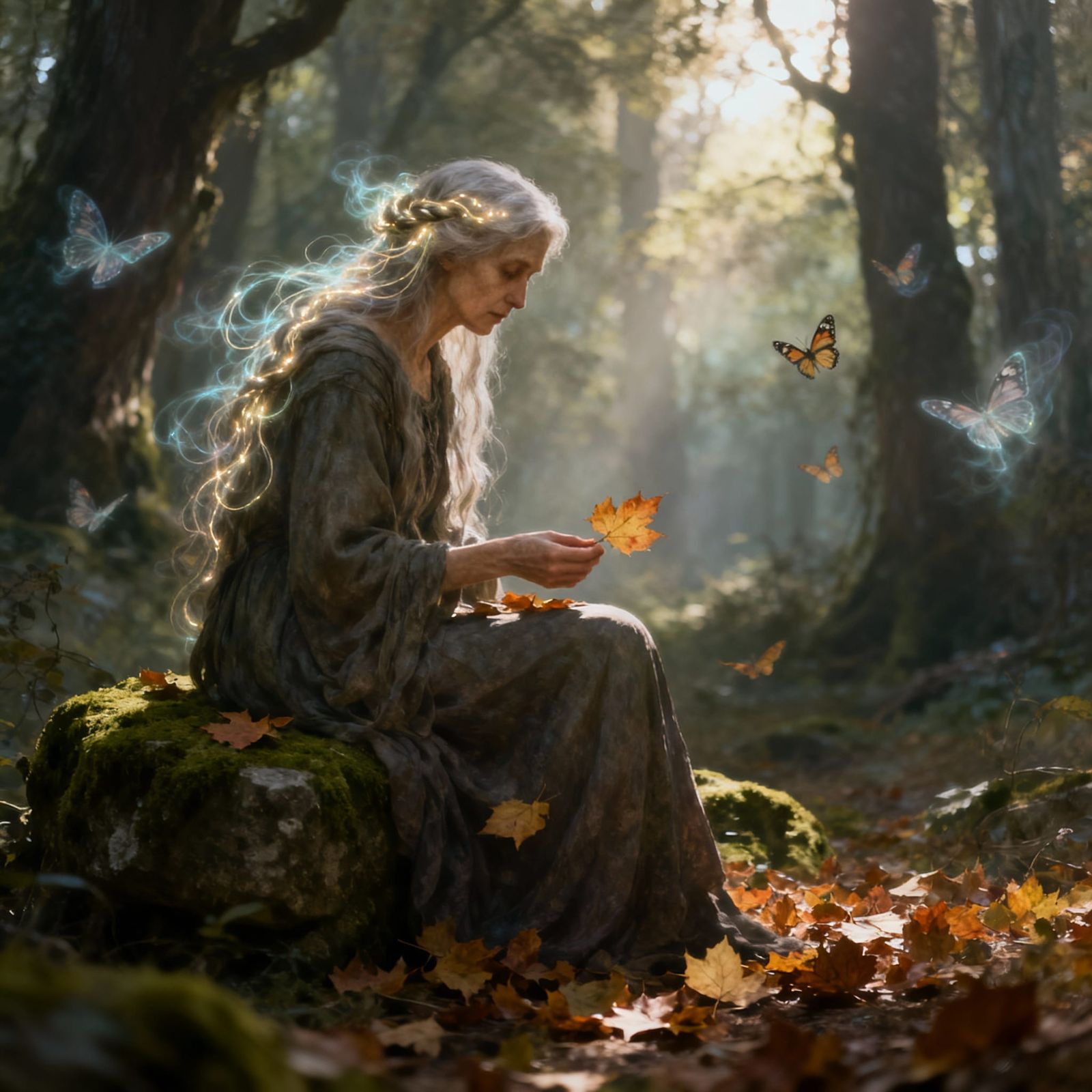 Ancient Woman in Enchanted Forest, Vintage Style