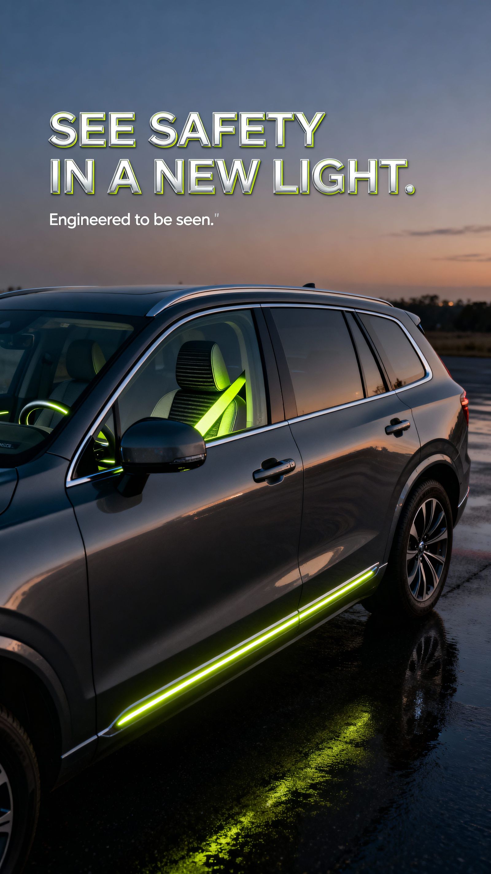 Premium SUV at Dusk with Neon Seatbelt Glow