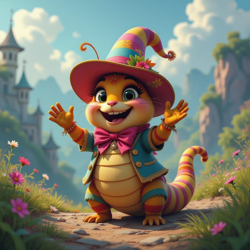 Whimsical Caterpillar Waving in Fantasy Landscape