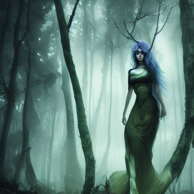 Sinister Woman Walks in Hyperdetailed Forest