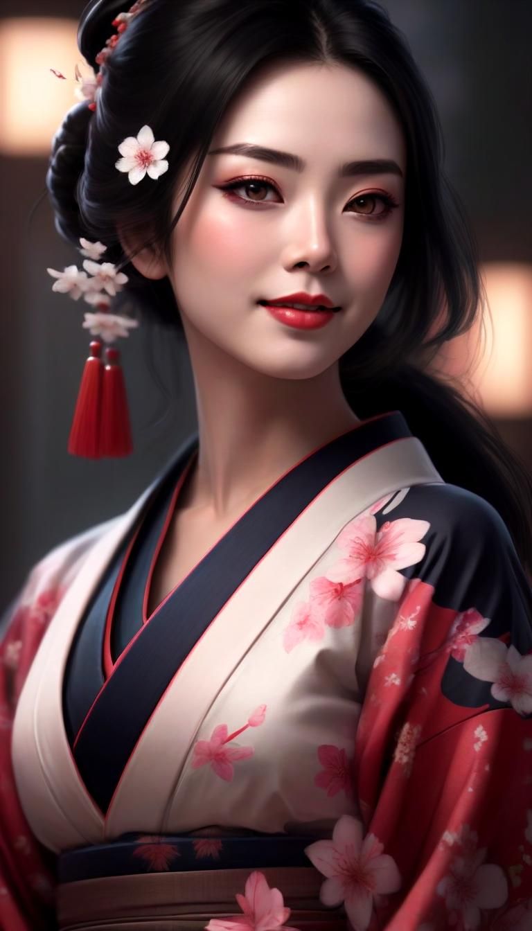 Smiling Geisha in Intricate Kimono Concept Art