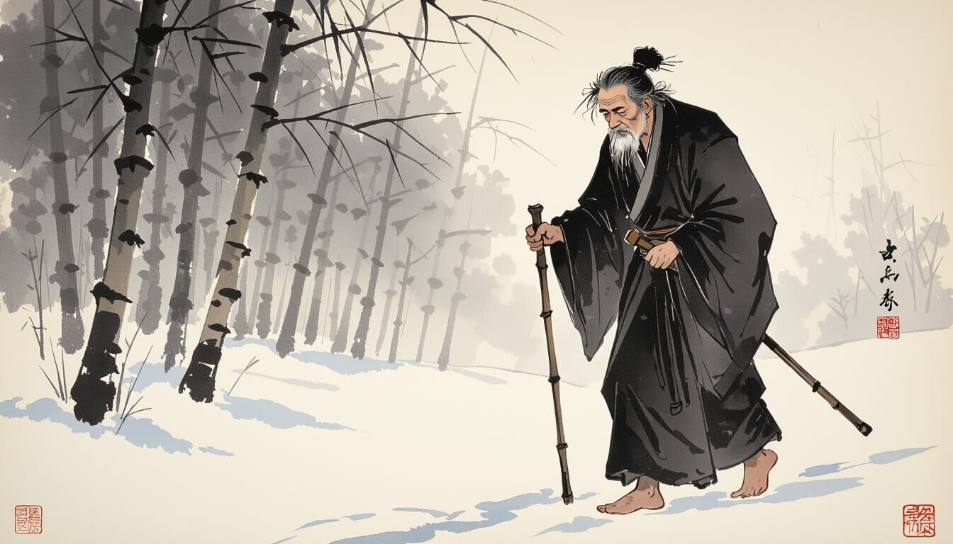 Beggar in Snow: Minimalist Ink Wash Painting