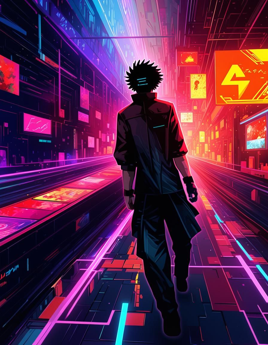 Cyberpunk Man Running in Neon Cityscape, Anime Style