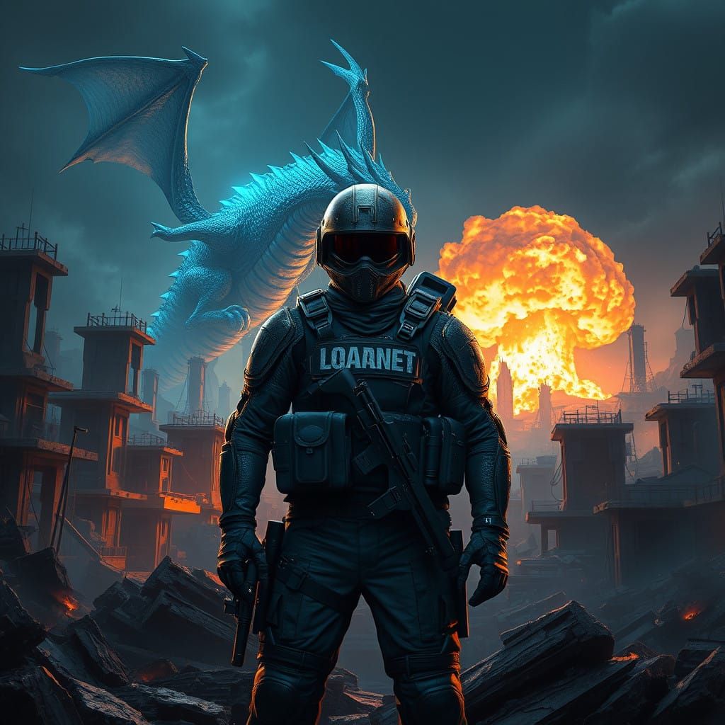 Heroic Soldier Stands Tall Against Ancient Dragon in Dystopi...