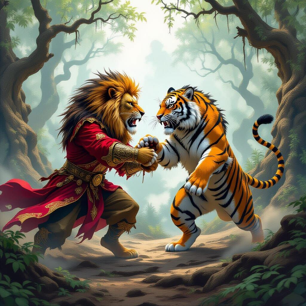 Lion and Tiger Battle in Ancient Forest