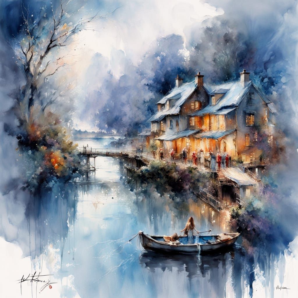 A village on the river artwork primarily in blue.