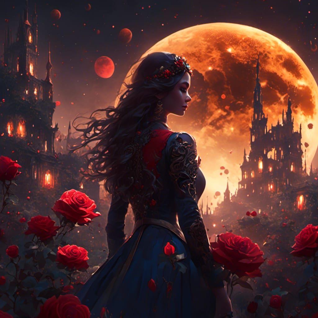 Creepy Blood Moon Rose Garden in Hyperreal Style