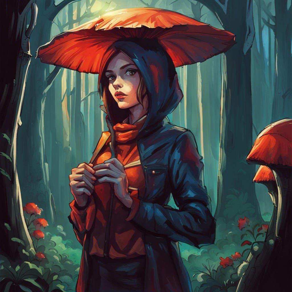 Vampire Woman in Forest with Mushroom, Comic-Book Style