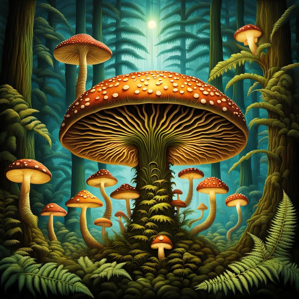 Mushroom and Fern Merge in Biomechanical Forest