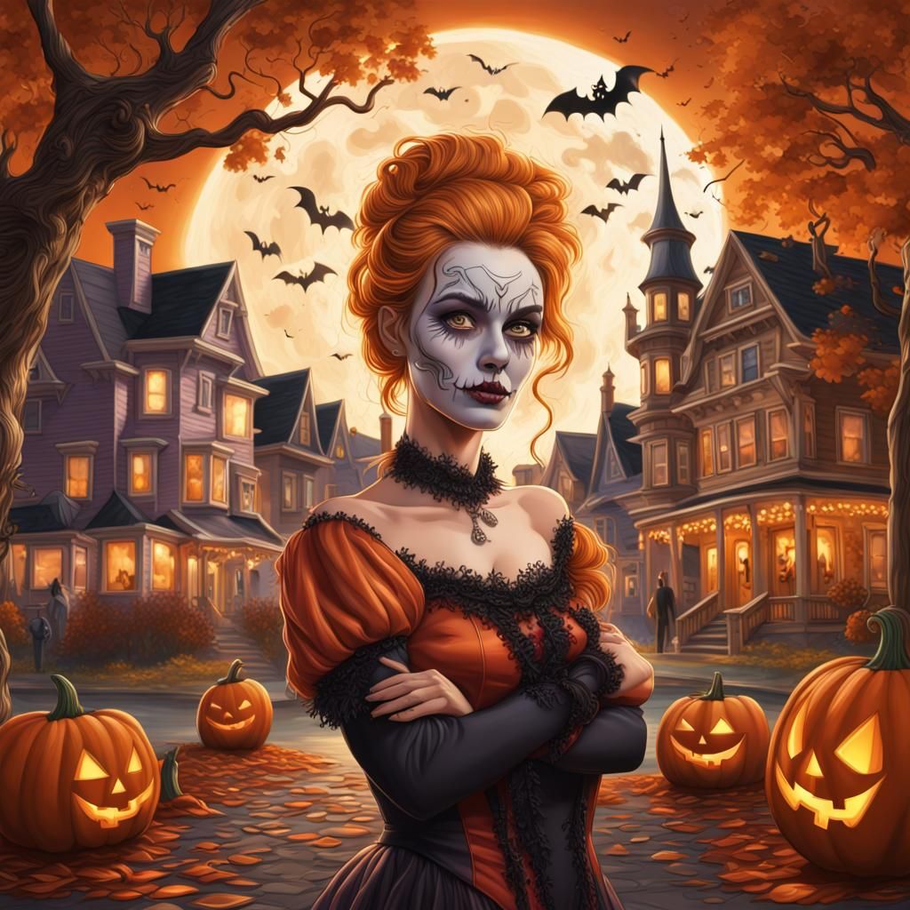 Whimsical Halloween Portrait in Hyperrealistic Splash Art
