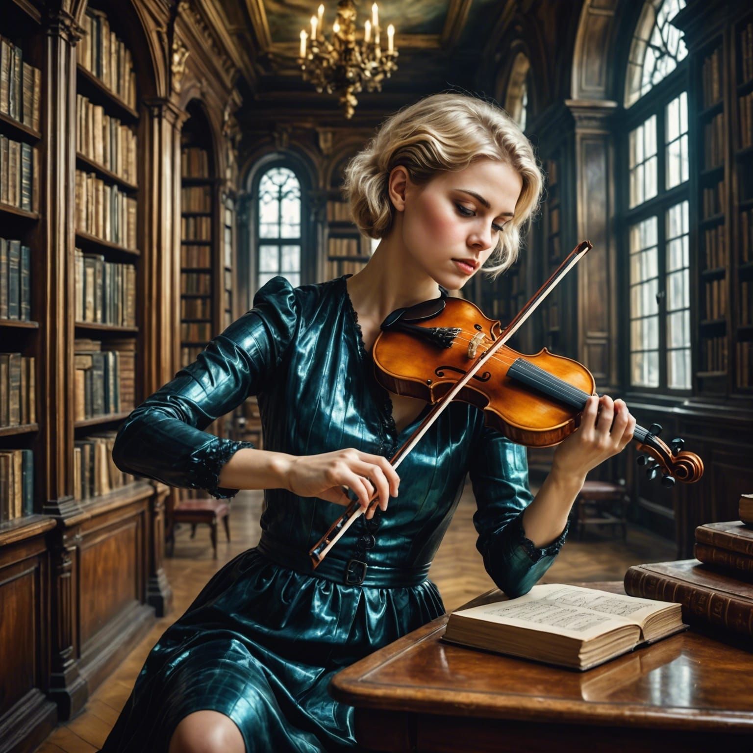 Blond Woman Plays Violin: Glossy Oil Portrait