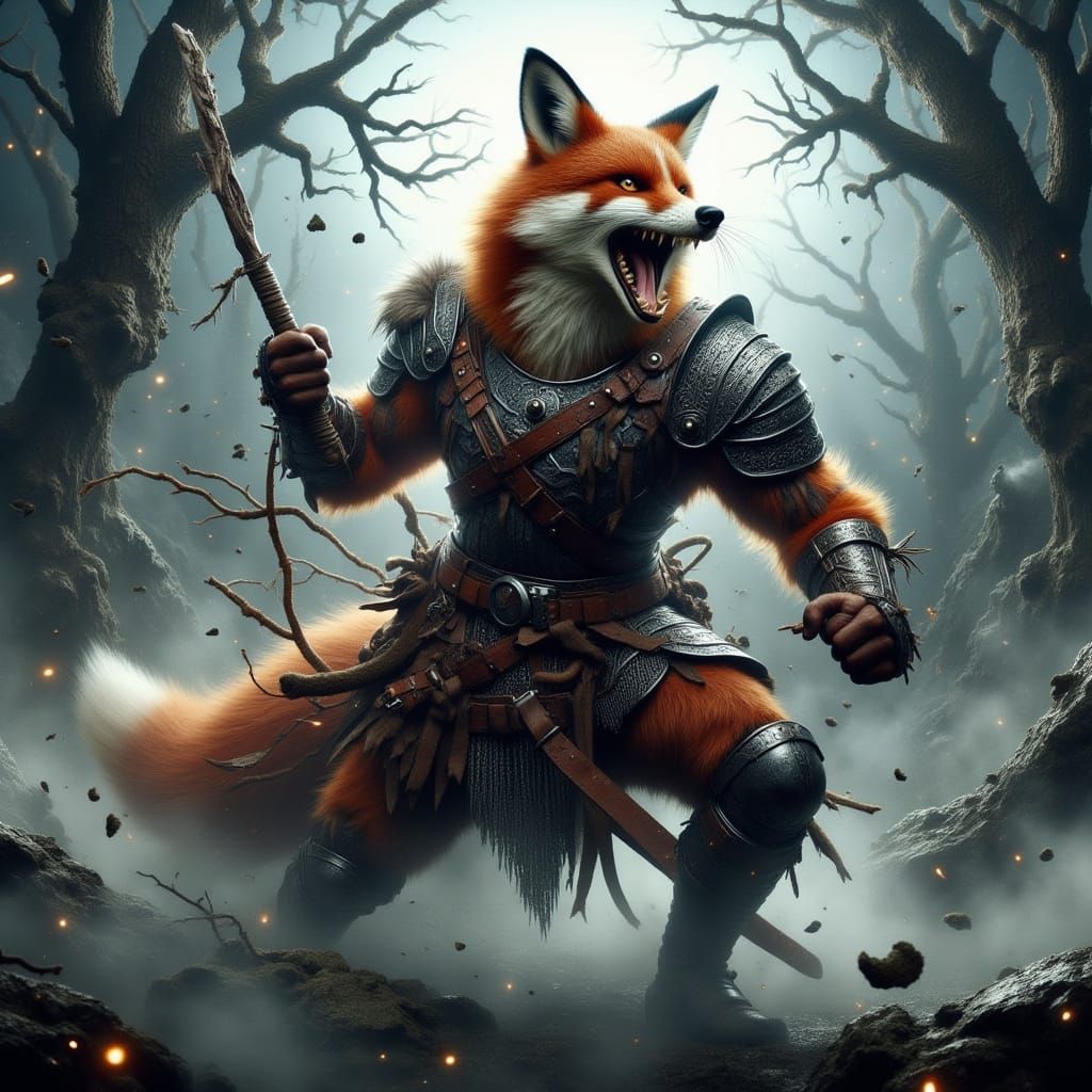 Majestic Fox Warrior in Ancient Fantasy Landscape