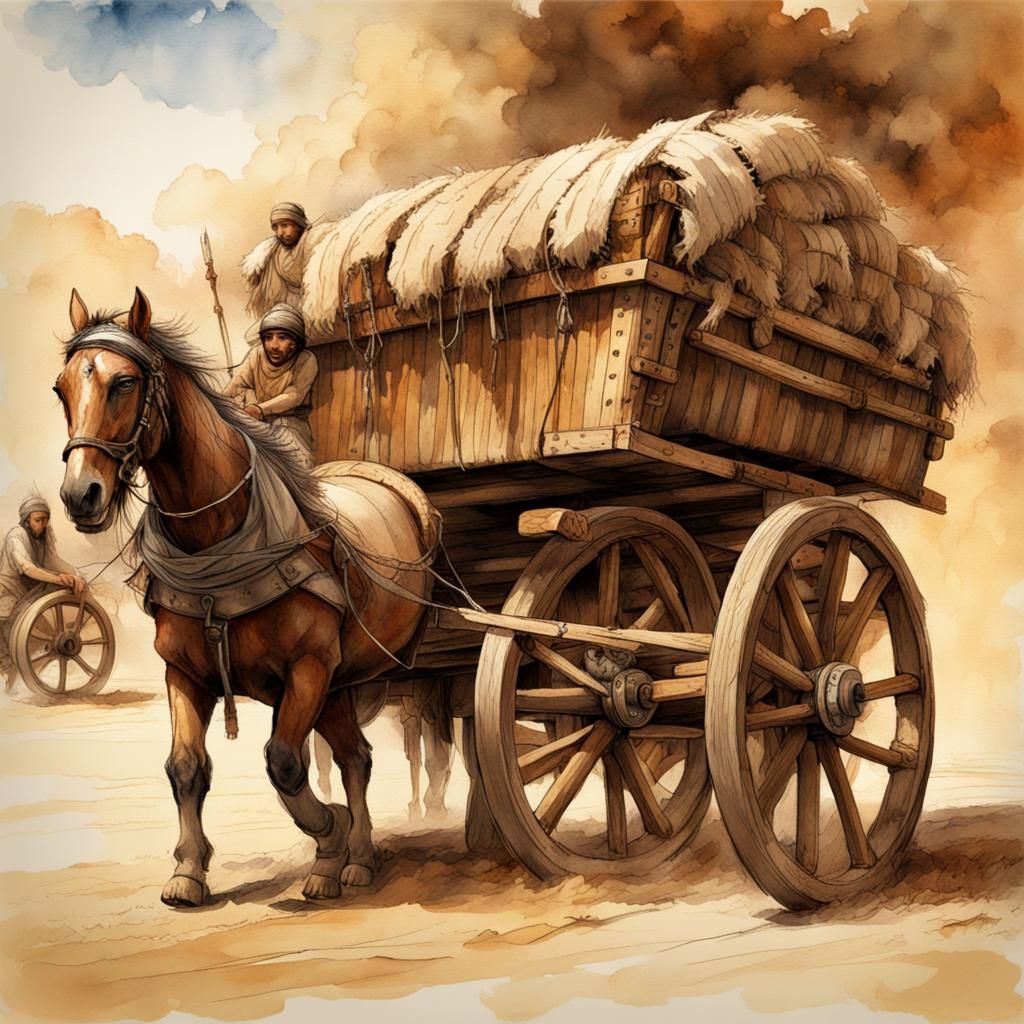 Ancient Sumerian Wagon Pulled by Men Watercolor
