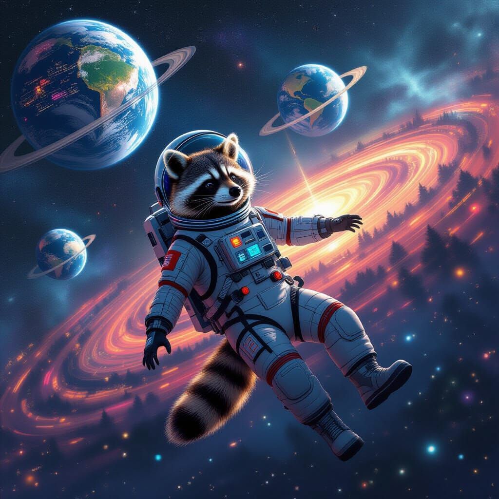 Raccoon Astronaut in Cyberpunk Nebula