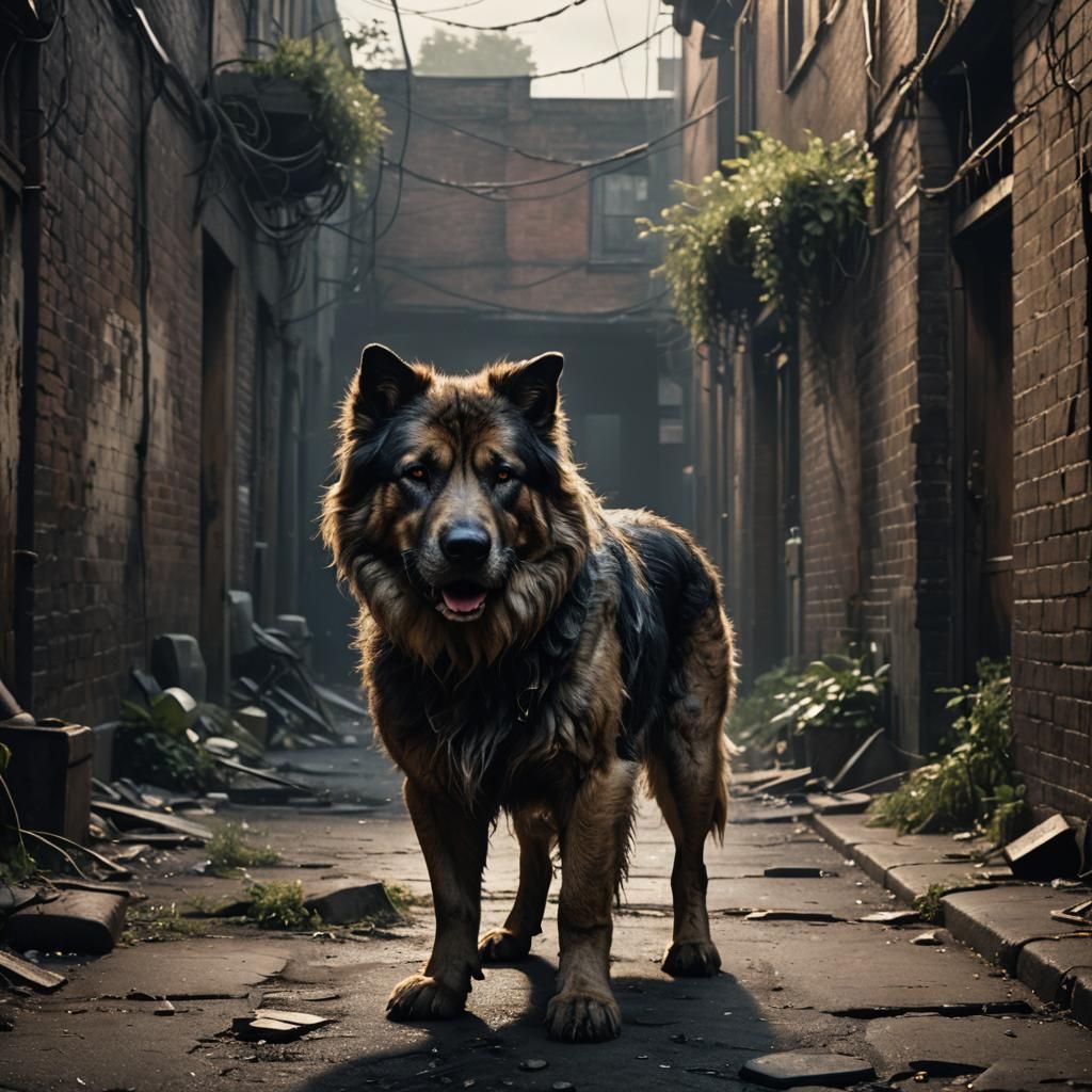 Menacing Dog in Abandoned Alleyway: Hyper-realistic Photogra...