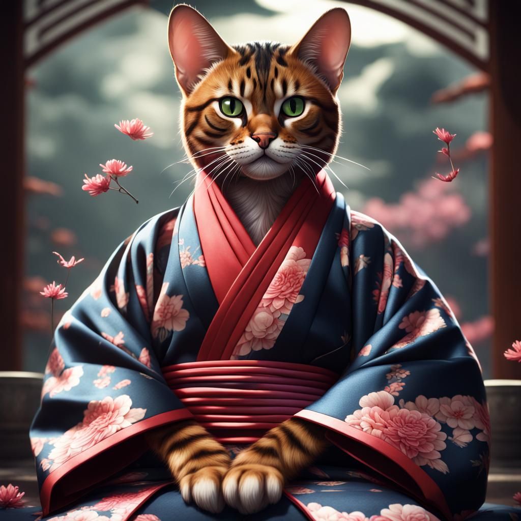 Anthropomorphic Bengal Cat in Kimono: Detailed Fantasy Art