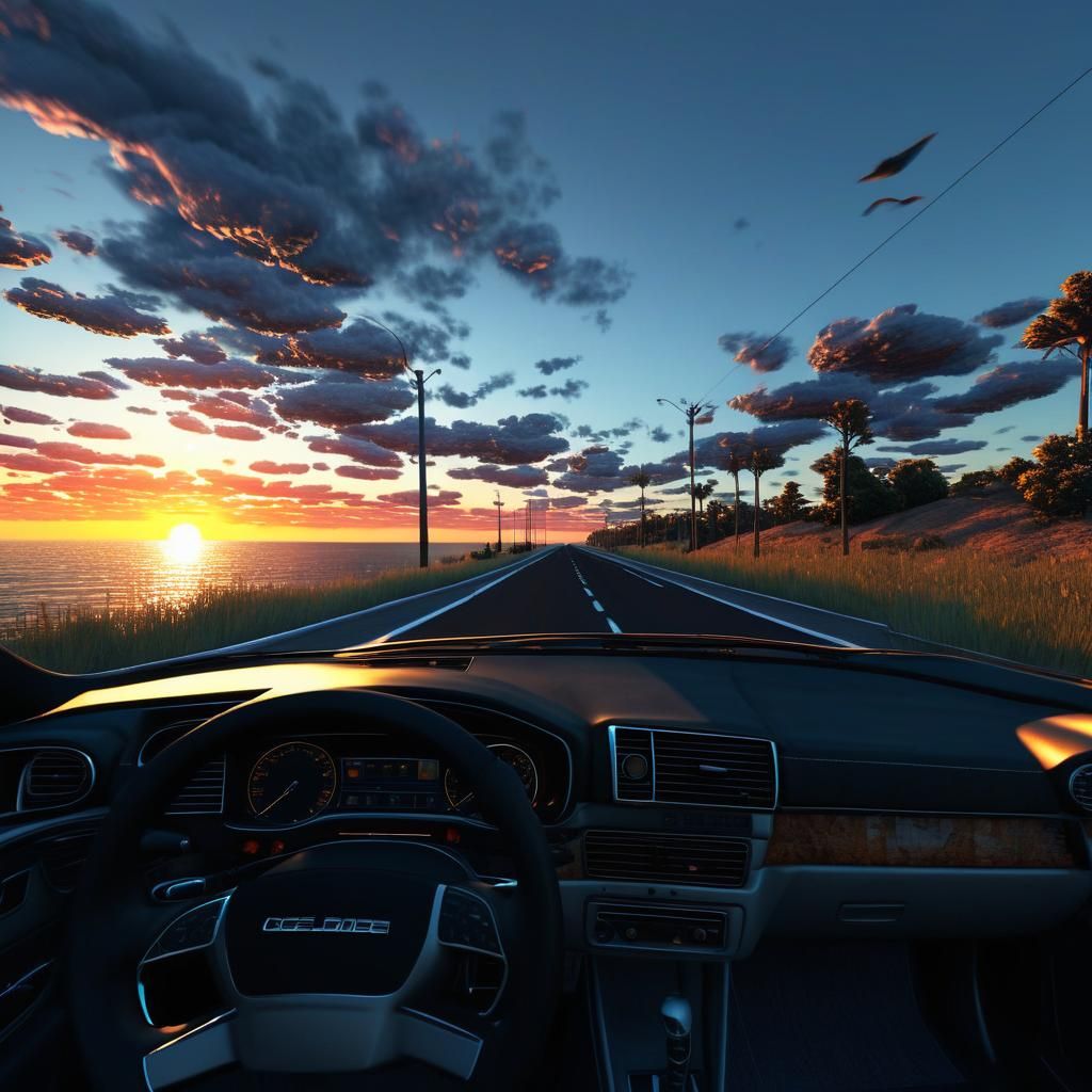 Oceanside Road Trip at Sunset: Photorealistic View