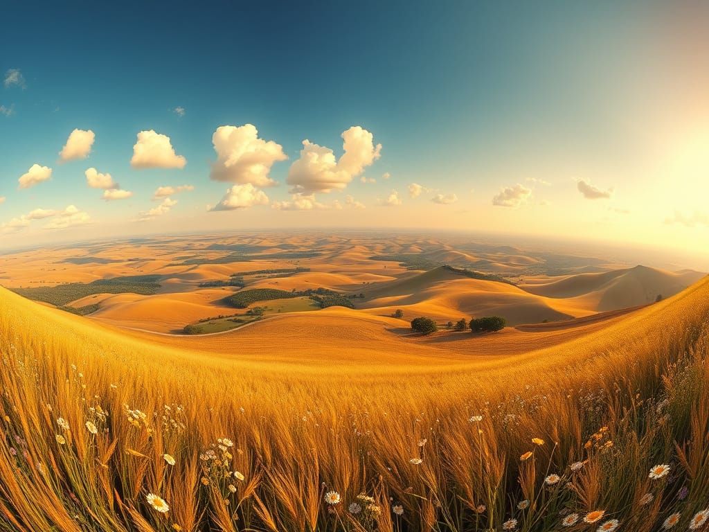 Panoramic Field Landscape in Warm Golden Light