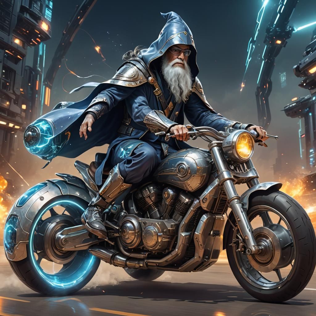 Wizard on Futuristic Motorcycle
