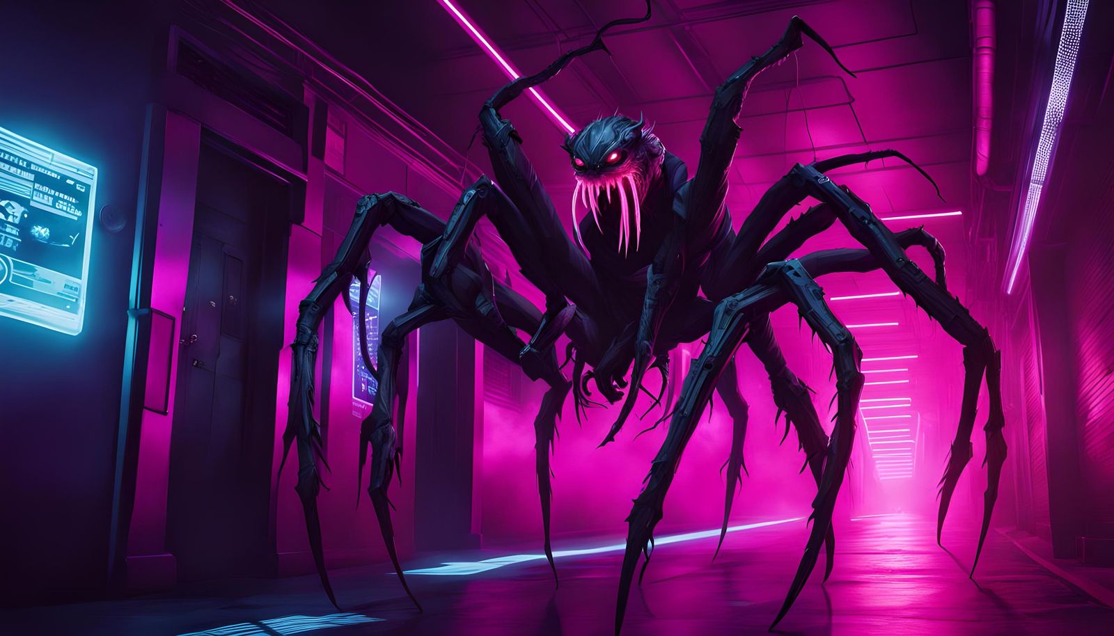 Cyberpunk Horror: Monster in Futuristic Corridor