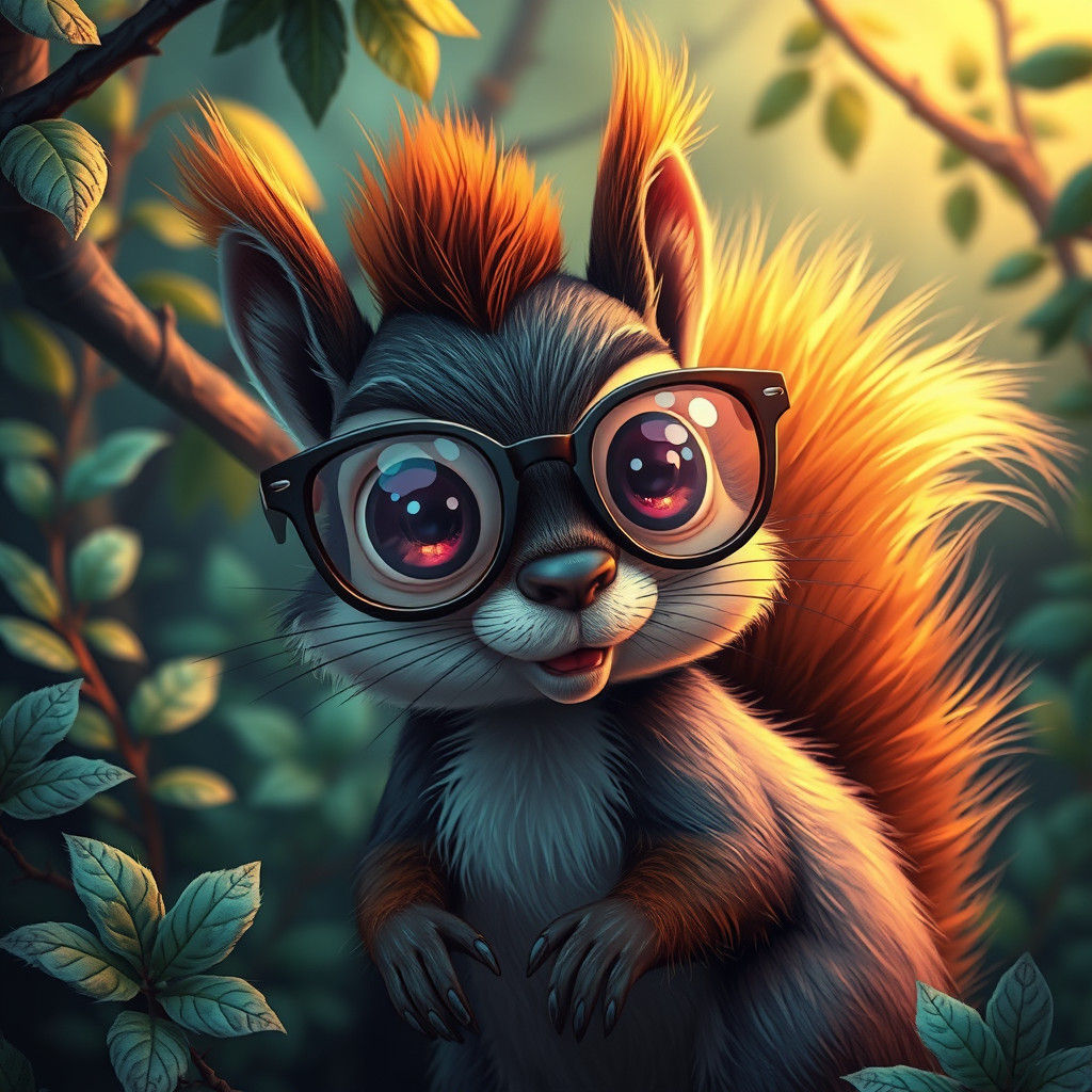 Whimsical Squirrel with Shimmering Eyes in Stylized Forest