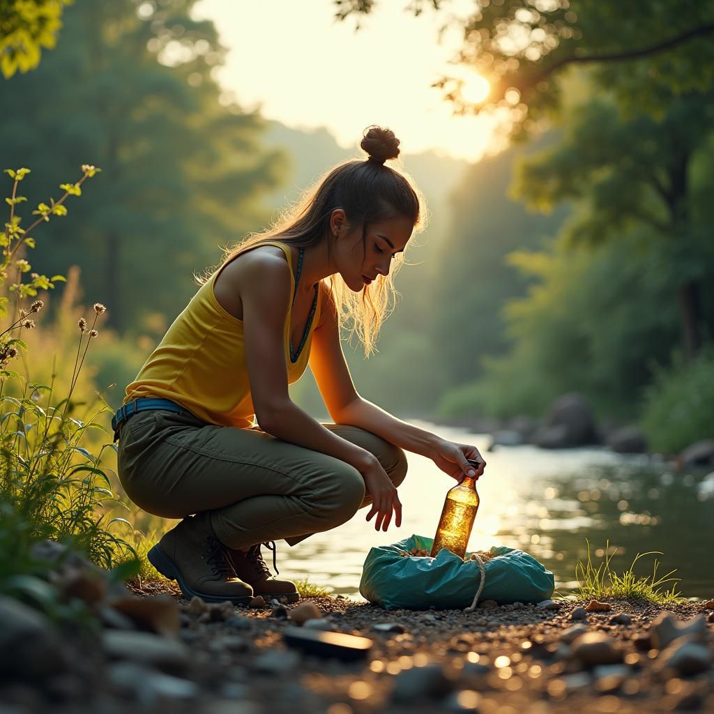 Woman Cleans Park River in Hyperrealistic Style