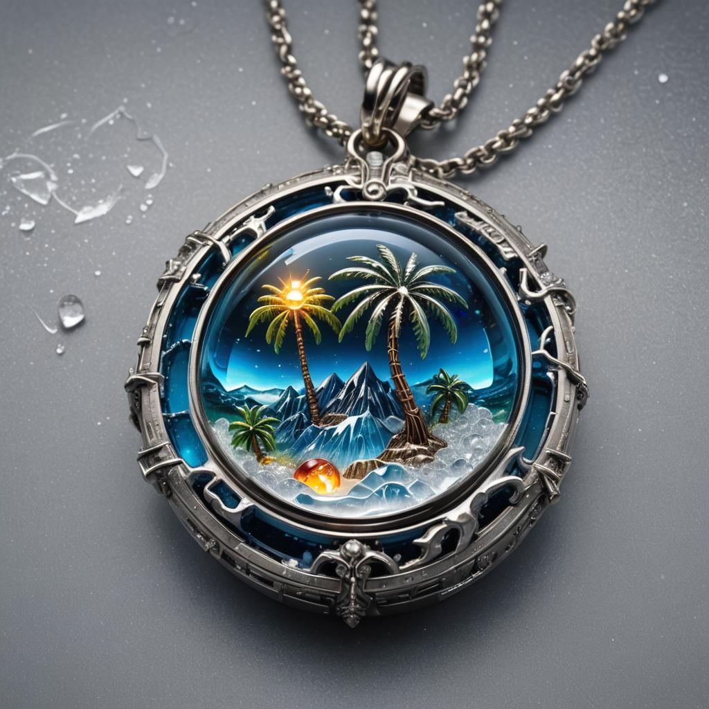 Sci-Fi Ice Pendant with Tropical Island, Art Deco