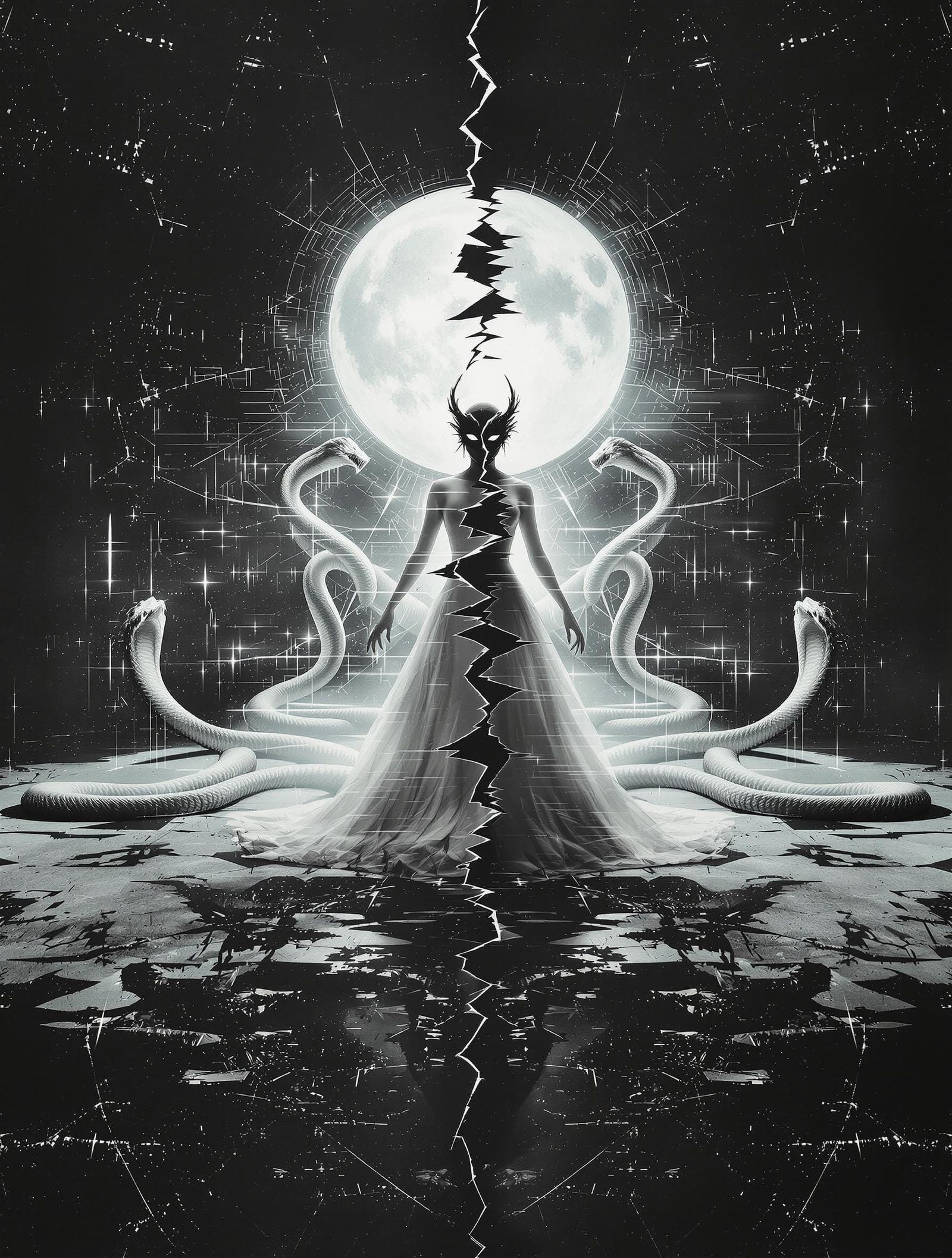 Surreal Ballroom Scene with Glitch Art Serpents