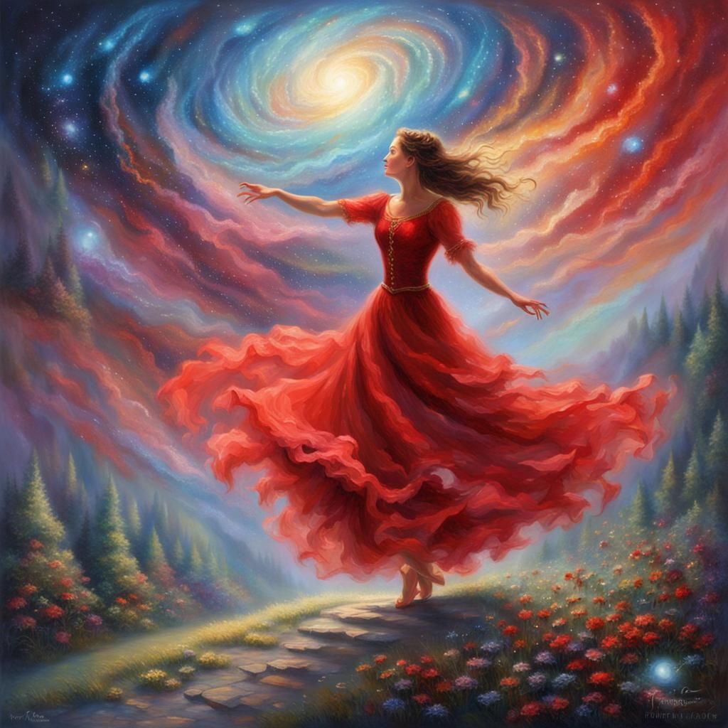 Ethereal Woman in Red Dress Dancing in Universe