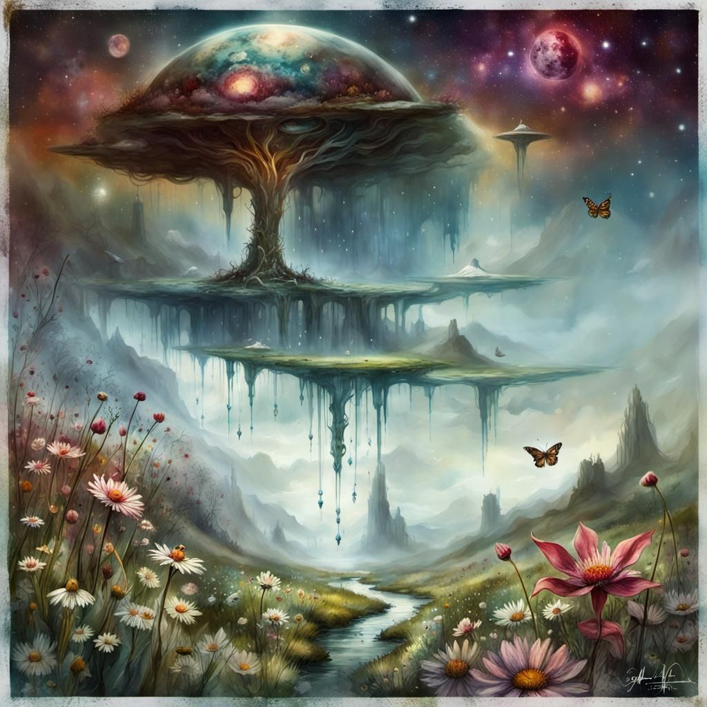 Surreal Watercolor Fantasy Landscape with Floating Trees