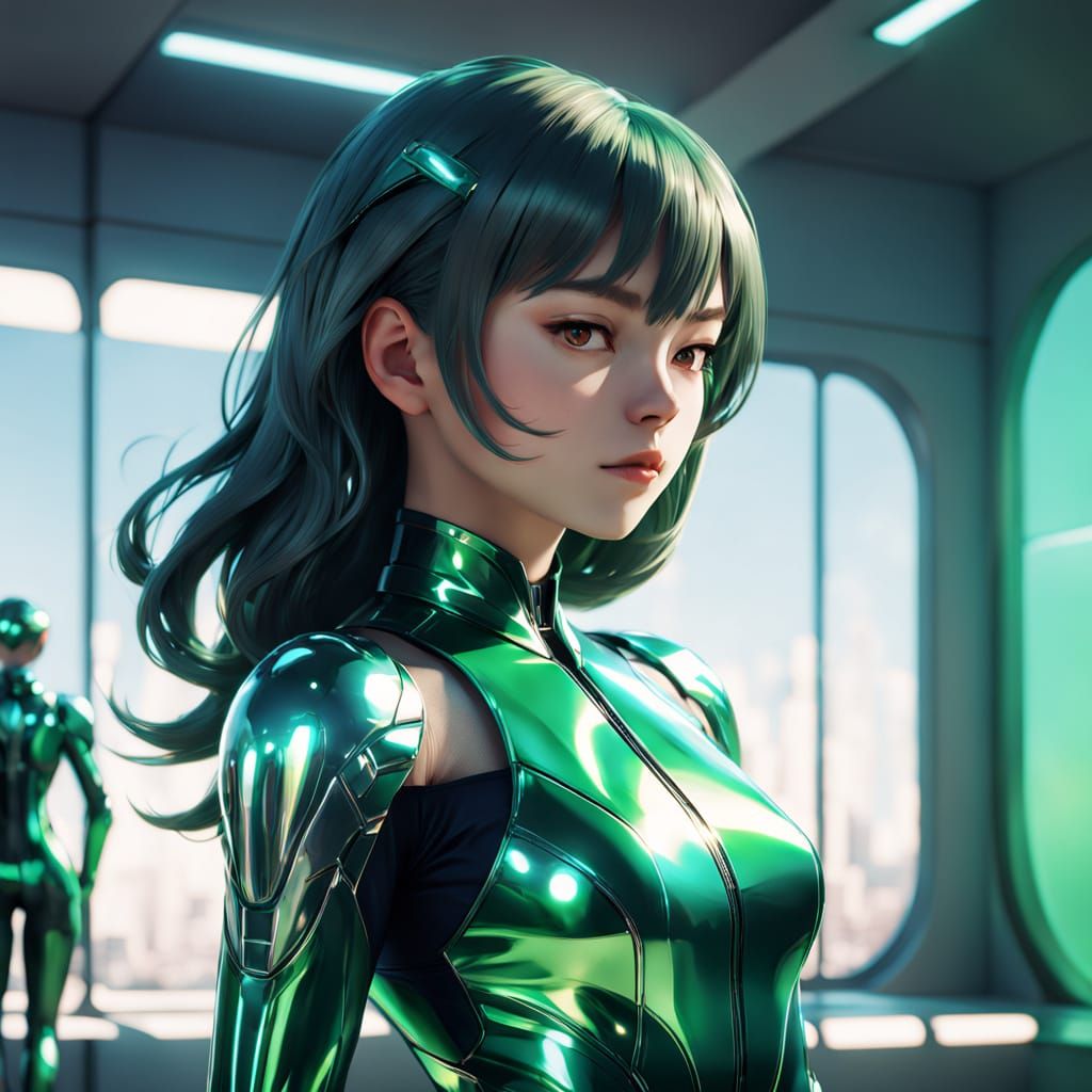 Confident Woman in Chrome and Green