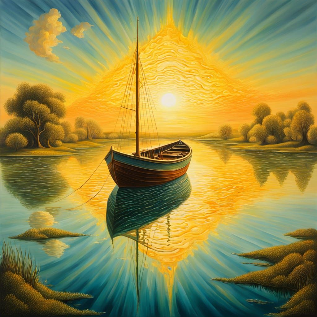 Surreal Lagoon Boat in Summer Rain, Remedios Varo Style