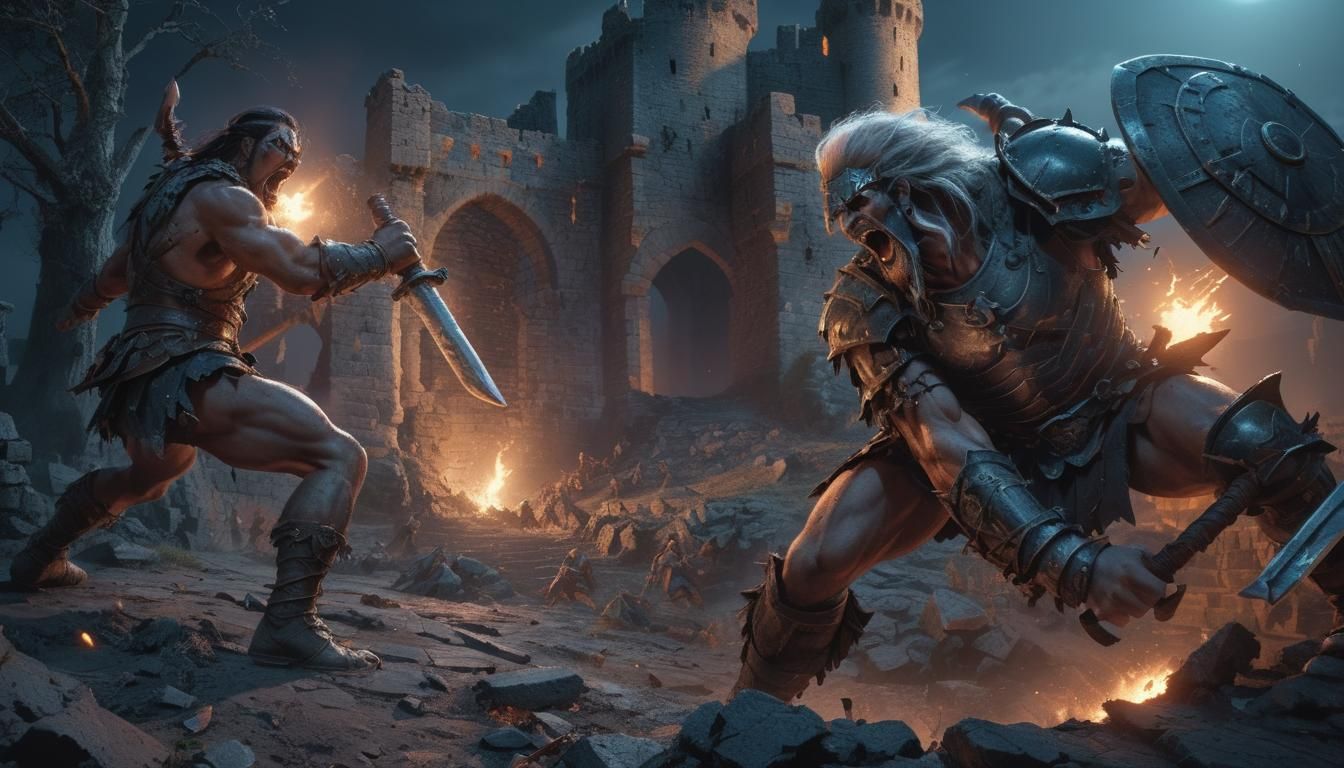 Barbarian Battle at Ruined Castle: Fantasy Art