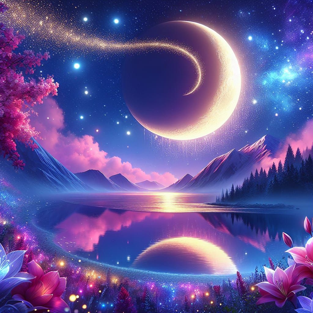 Dreamy Nocturnal Scene with Radiant Moon and Glittering Ocea...