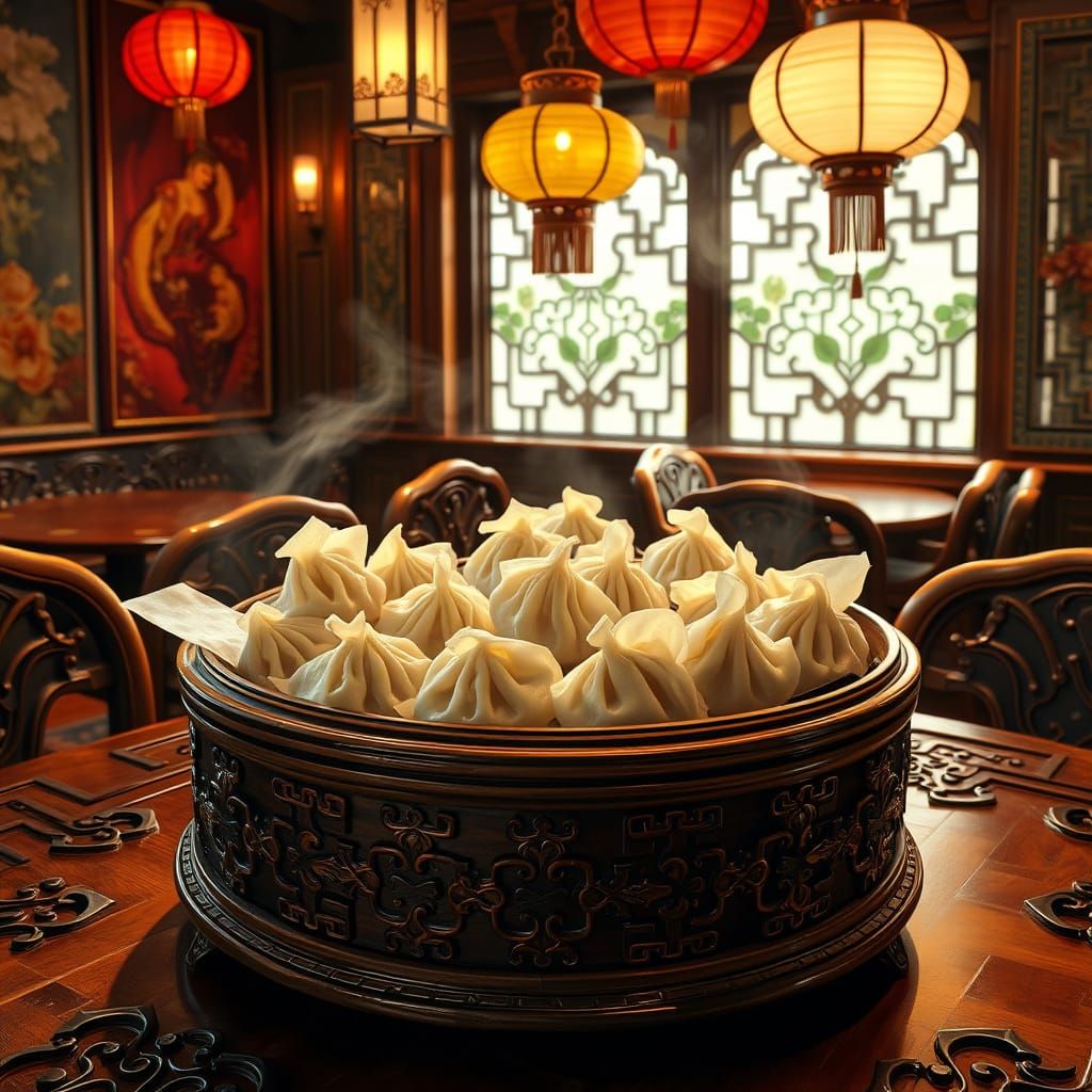 Realistic Oil Painting of Chinese Restaurant Dumplings