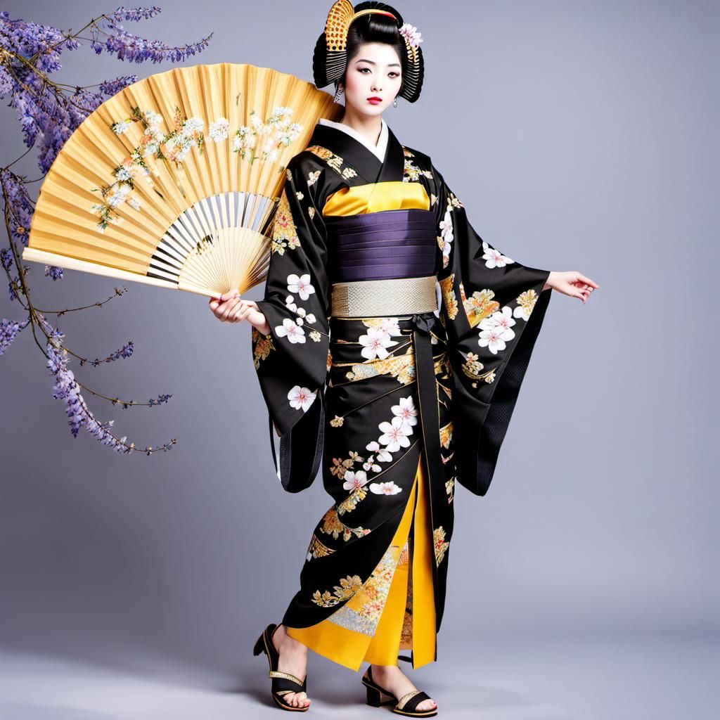 Realistic full-body picture beautiful Japanese Maiko in black kimono and.....again western sandals 🤔