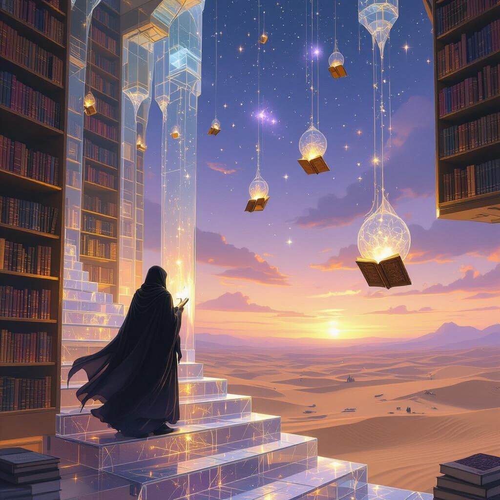 Ethereal Desert Library at Twilight: Surreal Digital Art