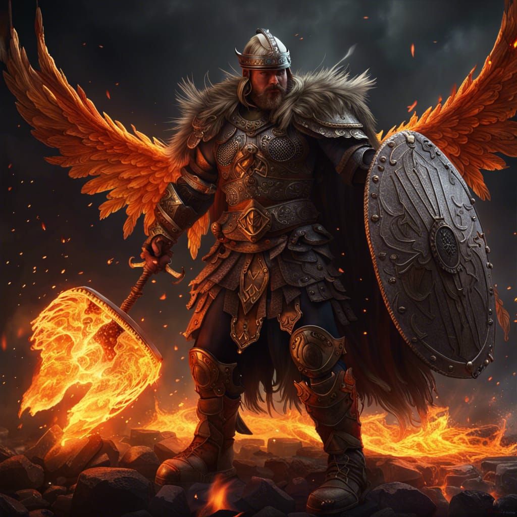 Viking Warrior with Flaming Hammer and Wings