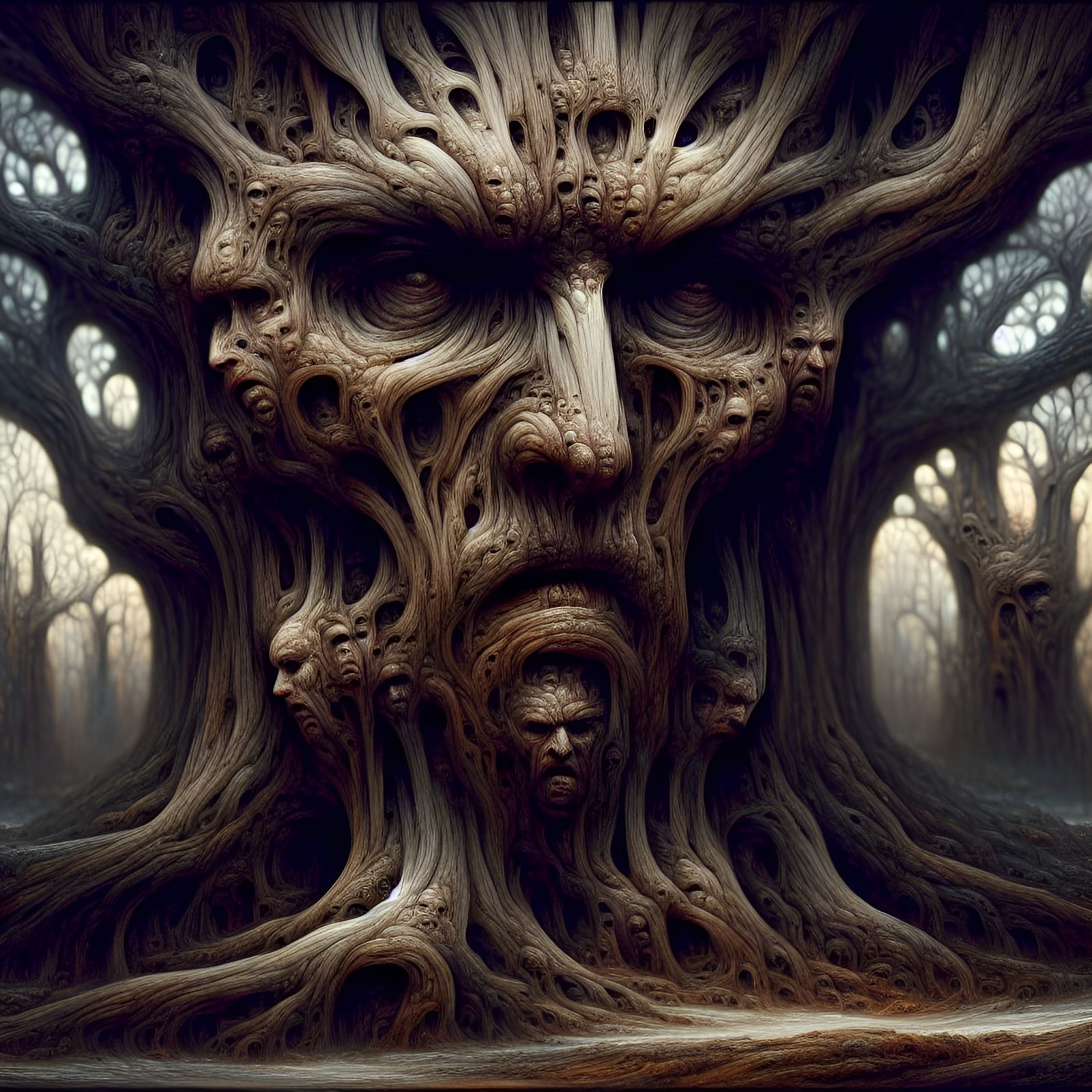 Fierce Evil Tree with Faces in Symbolist Style