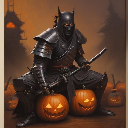 Samurai vs Pumpkin Monster in Oil Painting Style