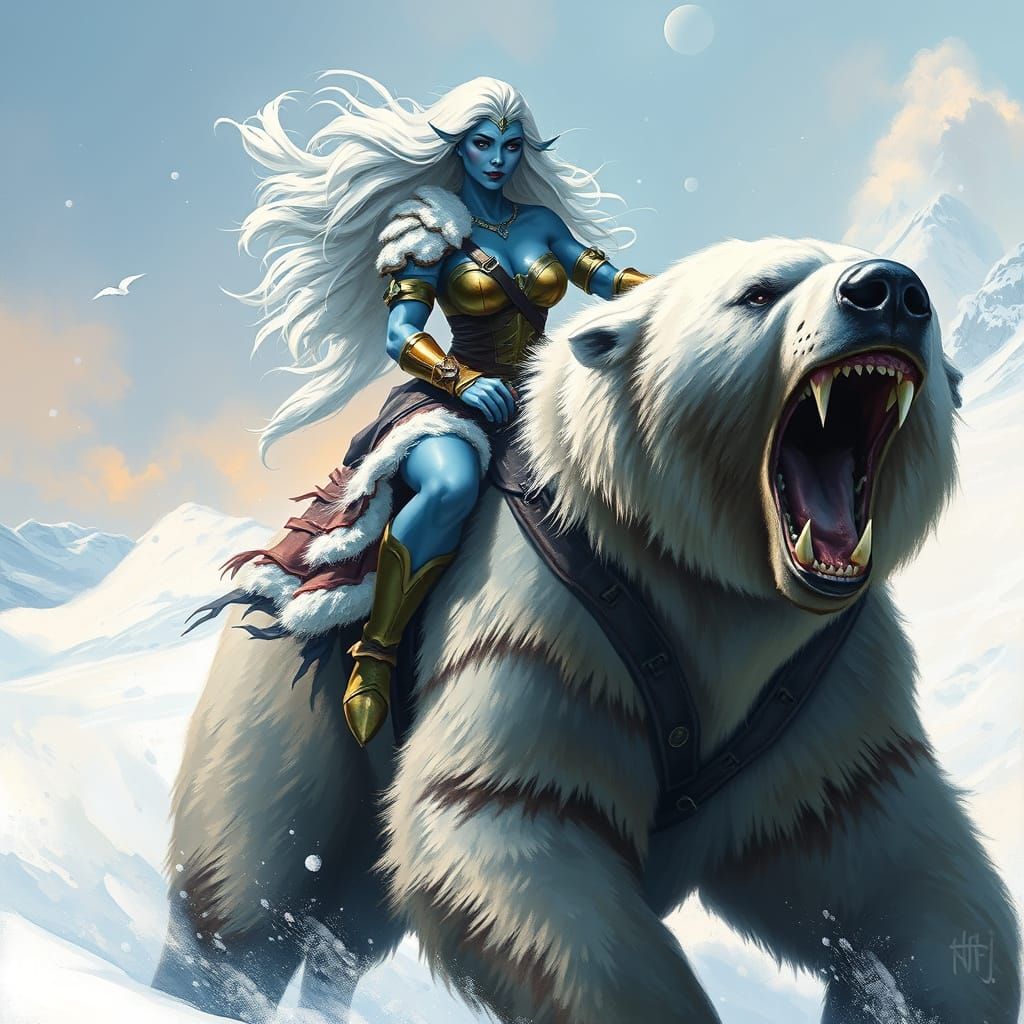 Amazon Warrior Rides Polar Bear: Fantasy Illustration