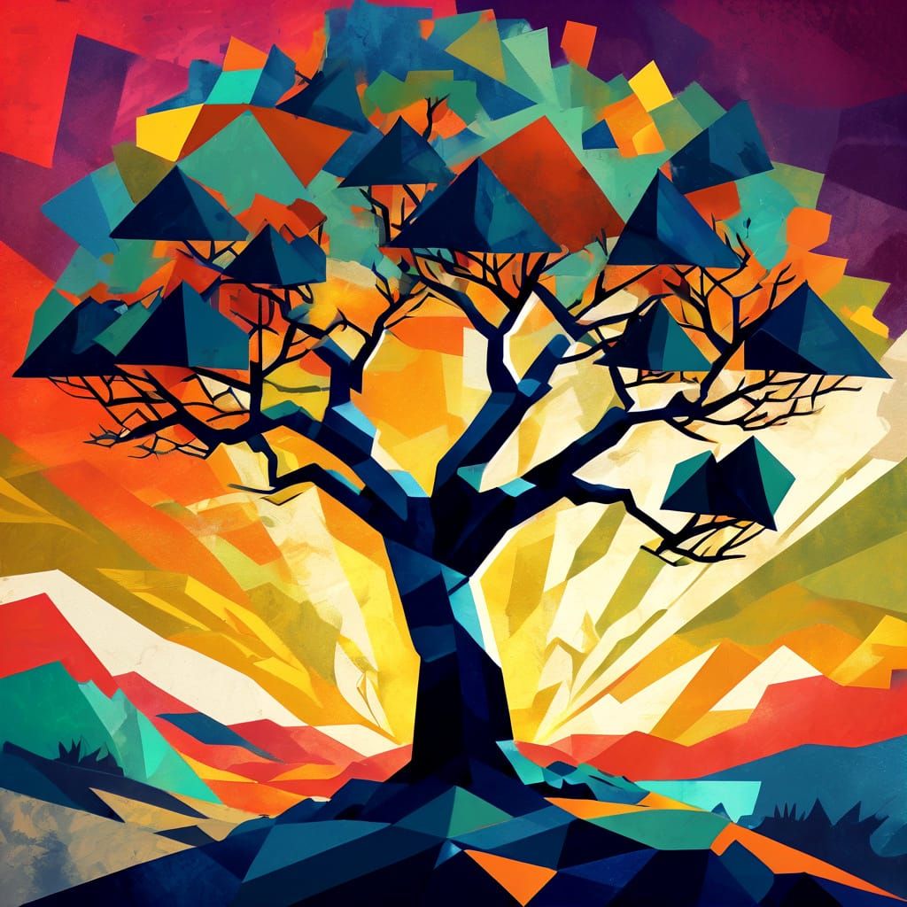Surreal Oak Tree Landscape in Neo-Cubist Style