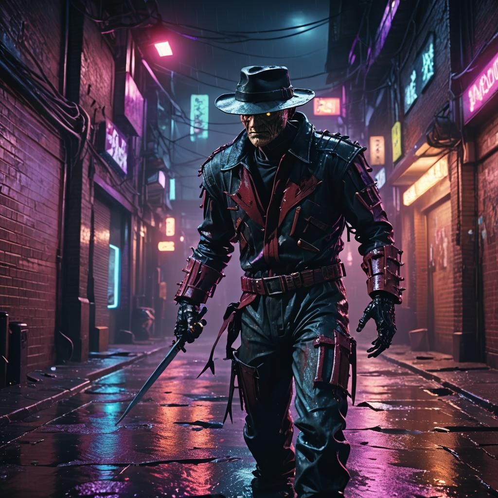 Freddy Krueger in Cyberpunk Horror Alleyway