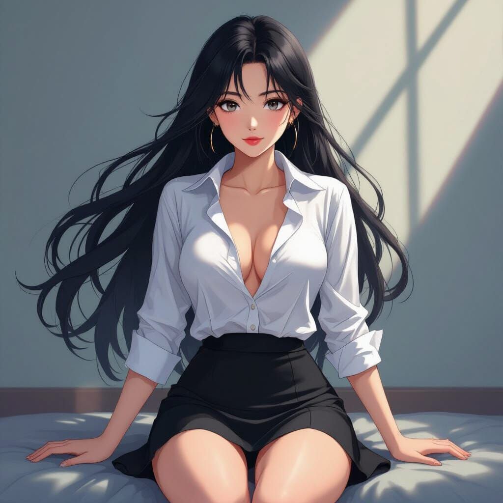 Pale Anime Woman With Long Black Hair Sitting