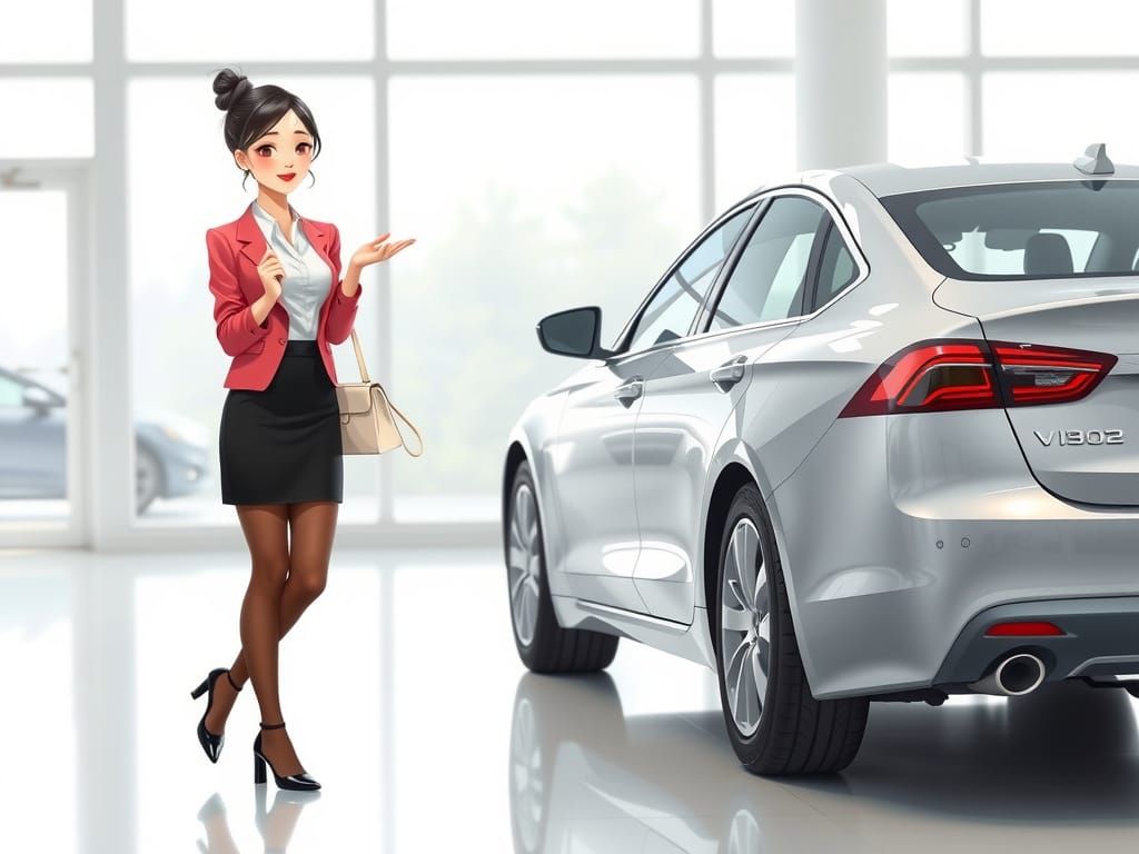 Asian Car Saleswoman in Studio Ghibli Style